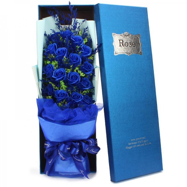 满天星 19朵蓝色妖姬香皂永生花礼盒preserved Fresh Gypsophila 19 Stems Of Royal Blue Soap Roses Immortal Flower W团购商品