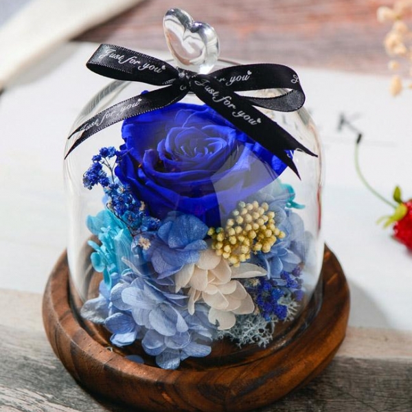Preserved Fresh Blue Roses Immortal Flower Glasses Gift Box, 蓝色妖姬蓝色玫瑰永生花玻璃罩礼盒，送女友最佳选择，永不枯萎的恋爱，包邮