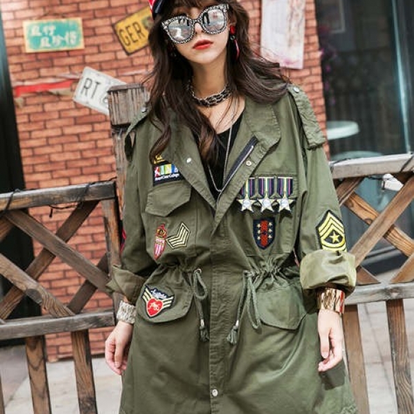 New Korean waist long style jacket coat, 女中长款原宿军工装贴布休闲风衣