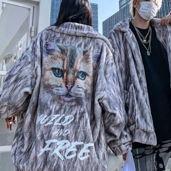 Winter Fashion Cat Printing Fur Jacket Coat, 男女情侣装同款毛茸茸宽松ins潮流外套