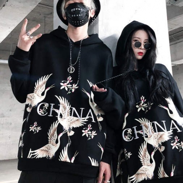 Fashion crane embroidery hoodie street fashion hiphop long-sleeved sweats, INS超火情侣男女卫衣外套
