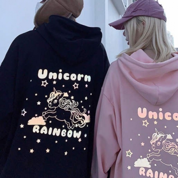 New Fashion 3M reflective rainbow unicorn hoodie sweater, oversize宽松男女情侣加绒外套