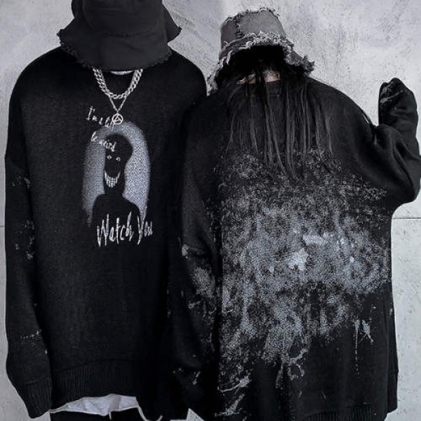Fashion Dark Ghosts and Men's Knit Sweater, 新款小众国潮ins嘻哈宽松情侣装