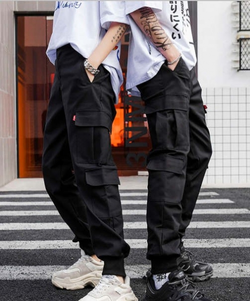 Hip hop men and women multi-pocket button overalls cargo pants, 国潮宽松bf束脚裤hiphop情侣裤子