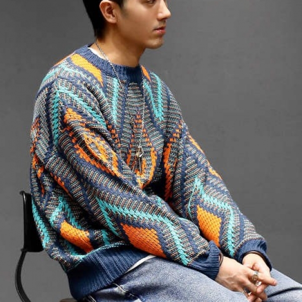 Vintage Fashion loose pullover sweater, 马切达秋冬撞色拼接休闲圆领针织衫