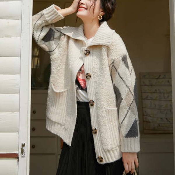 Original vintage sweater coat, 韩版百搭宽松气质拼接格子翻领长袖毛衣