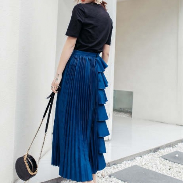 Mid-length high waist A-line pleated skirt ruffled maxi skirt, 2019新款韩版闺格半身裙