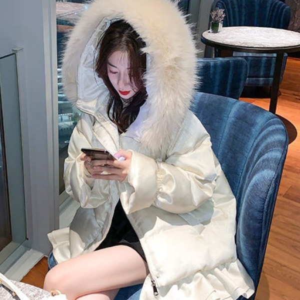 Korean Loose Parker Coat, 2019冬季新款毛领连帽亮面棉袄女羽绒棉服