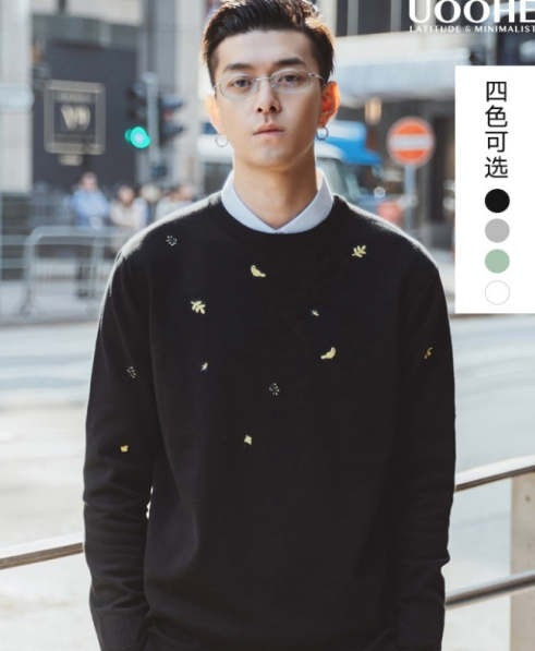 Personalized round neck thick Hong Kong style embroidered men's shirt sweater, UOOHE秋冬季毛衣男韩版潮流ins