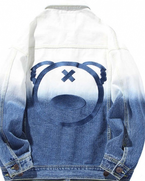 Fashion embroidered panda washed gradient tie-dye denim jacket, 冬季男装大码BF风情侣装