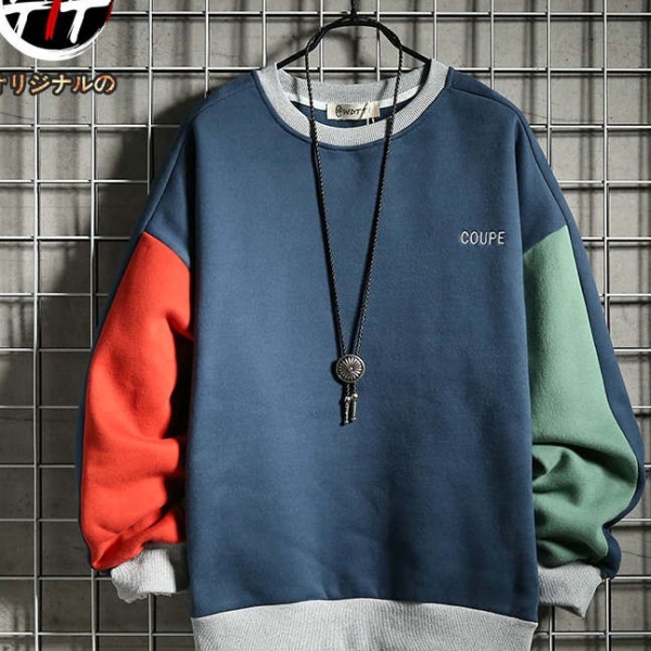 Japanese retro brand plus velvet round neck loose long sleeve sweater, ins拼色Wdtti冬季学生卫衣男装