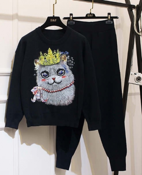 New Fashion Cat Printing Top and Bottom Set, 欧洲站2019秋冬配大衣的内搭两件套