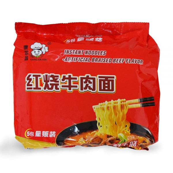 Kang Er Xin Instant Noodles 540g (5 in 1 bag, pack of 2), Kang Er Xin Instant Noodles 540g(5 in 1 bag, pack of 2) 康尔鑫 牛肉面5连包量贩装 540g (2件) (Artificial Braised Beef 红烧牛肉面, pack of 2)
