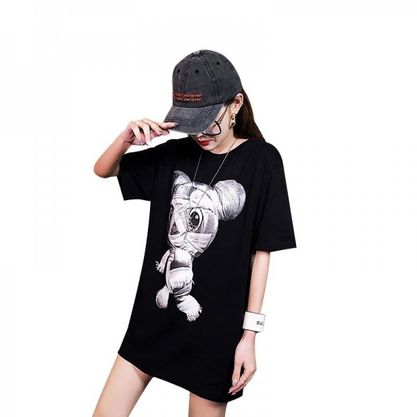 2020 Ins loose port style mid-length t-shirt short sleeve, 潮牌欧货大版t恤女2020新款ins宽松港风中长款体恤短袖学生潮夏季