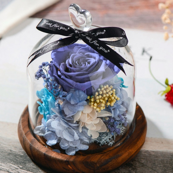 Preserved Fresh Light Blue Roses Immortal Flower Glasses Gift Box, 蓝色妖姬蓝色玫瑰永生花玻璃罩礼盒，送女友最佳选择，永不枯萎的恋爱，包邮
