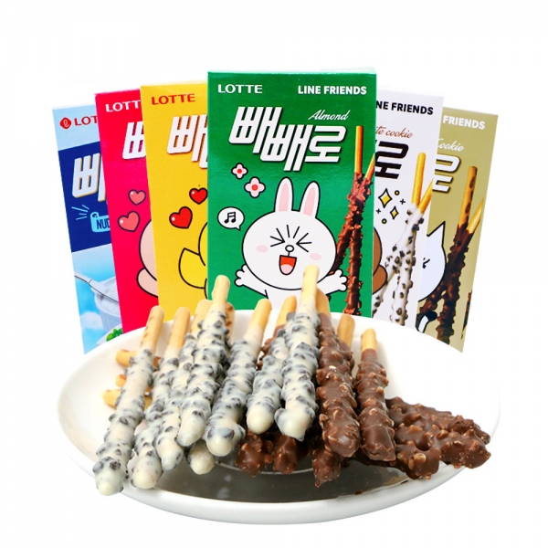 Korea Lotte Almond Sandwich Chocolate Biscuit Stick x2 Boxes, 韩国进口食品乐天派派乐x2盒扁桃仁夹心巧克力饼干棒网红零食小吃