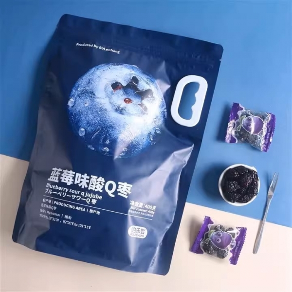 Blueberry Sour Q Jujube – 180g Dried Fruit Snack, Chewy and Sweet & Sour, Individually, 蓝莓风味酸Q枣：结合蓝莓与酸枣的独特风味，清新果香与微酸口感交织，带来多重味觉享受。