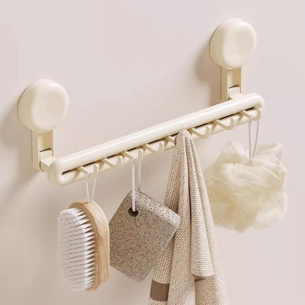Suction Cup Towel Rack, 8 Hooks, Punch-Free Installation, 生间毛巾架免打孔吸盘式浴室毛巾挂杆置物架厕所挂钩壁挂收纳架