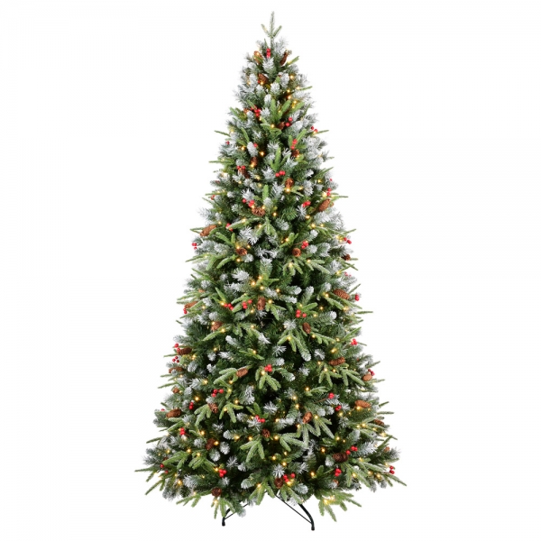 Pre-Lit PE/PVC Artificial Christmas Tree with Memory Wire (Auto-Fluff), 豪华预装灯PE/PVC混合材质仿真圣诞树 – 采用记忆钢丝自动蓬松技术 – 逼真针叶配松果红浆果装饰 – 防火防压材质配暖黄灯