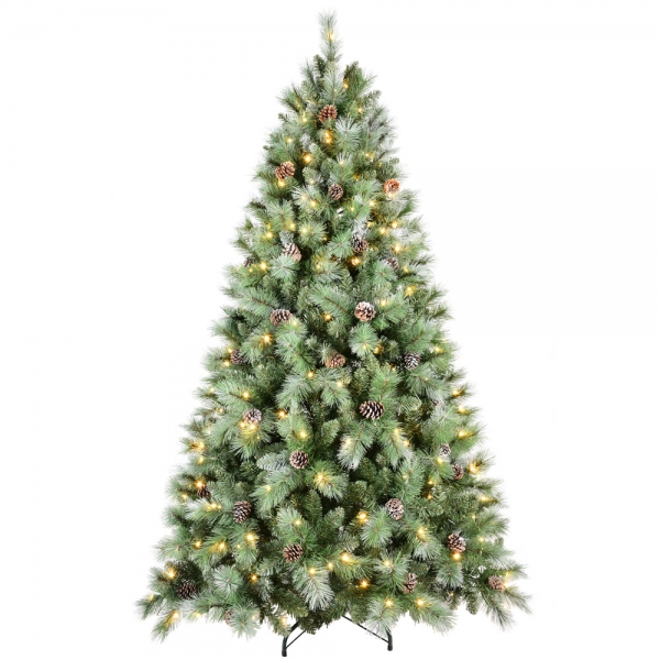 Pre-Lit PVC/Pine Needle Mixed Tips Artificial Christmas Tree, 豪华预装灯PVC/松针混合材质圣诞树 – 逼真硬针叶外观配松果装饰 – 铰接式枝叶快速组装 – 防火耐用材质