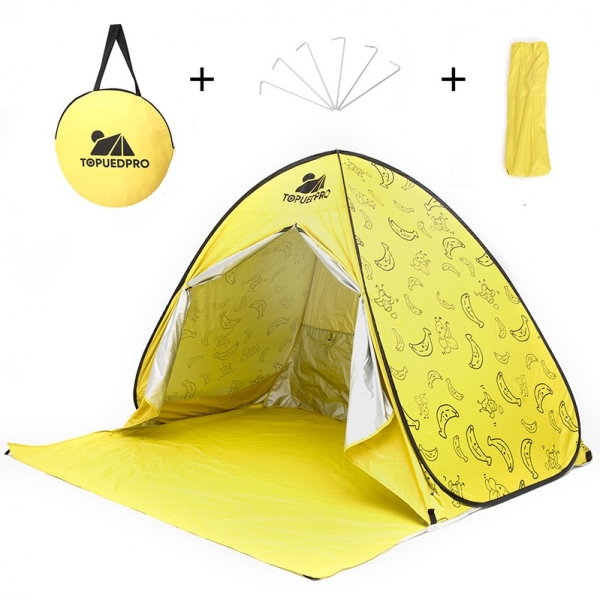 TOPUEDPRO，Beach Tent , for 4 Person  yellow, XL, 无需组装 - 我们的沙滩帐篷采用自动弹出式设计。它会在 3 秒内弹出，框架由弹性金属材料制成，能够承受大部分紫外线，特殊的银色涂层织物环绕全覆盖，确保最佳的抗紫外线效果。紫外线等级 50+ (UPF 50+) 保护您和您的家人免受太阳有害射线的伤害。