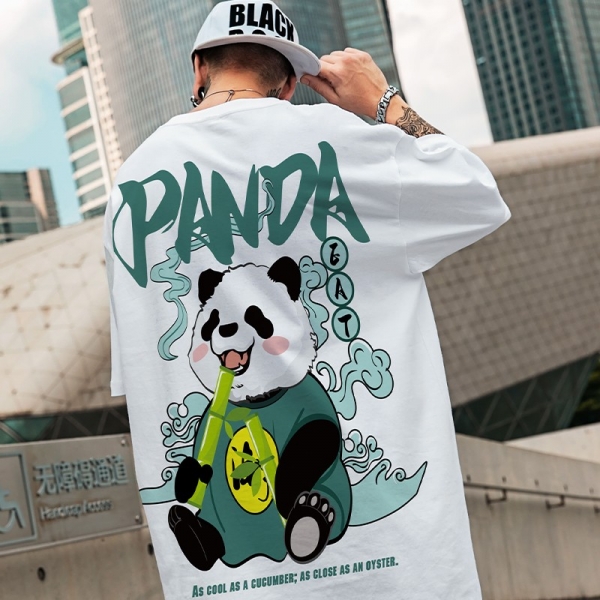 Oversize Panda T-shirt with short sleeves, oversize国潮熊猫t恤短袖男潮牌大码中国风宽松纯棉体恤白色半袖