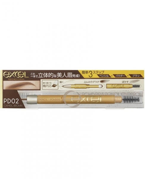 Japan EXCEL Powder & Pencil Eyebrow EX w/ Spoolie Screw Brush, 