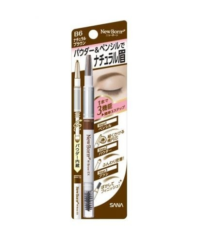 SANA NewBorn EX 3way Eyebrow Liner With Pencil Powder Brush - B6 Natural Brown, 