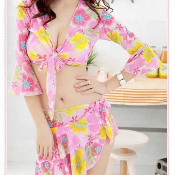 FASHION FLORAL FOUR-PIECE SPLIT BIKINI SWIMSUIT, 