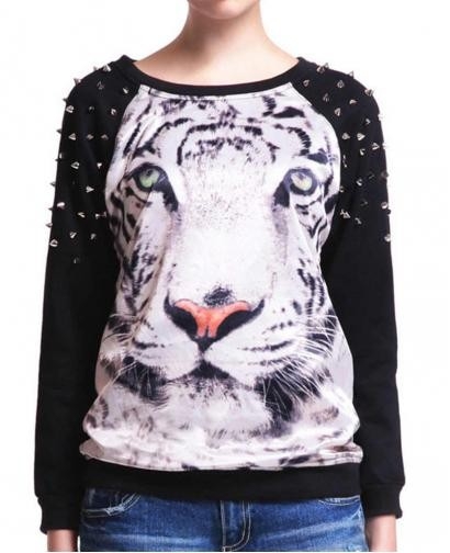 Tiger Pattern Handmade Beading Loose Sweatshirt, 