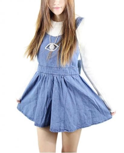 Lovely Big Bow High Waist Denim Strap Dress, 