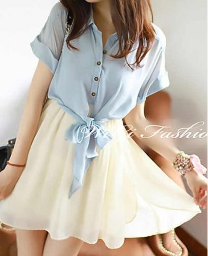 Women Clothes Fake Two-piece Chiffon Dress, 