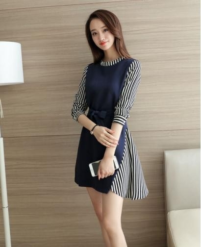 New Women's Temperament Long-sleeved Striped Color Stitching Dress, 