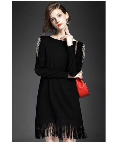 Fashion Special Wings Design Long Sleeve Oversize Tassel Dress, 