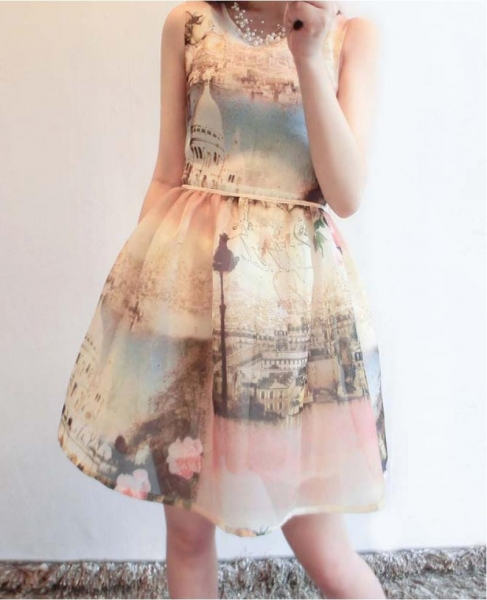 Fashion Irregular 3D Printing Random Crop Organza Dress, 