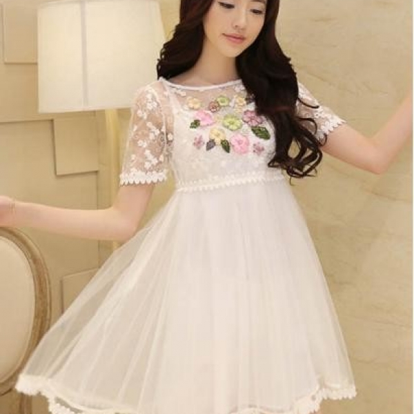 Flowers Embroidered Lace Dress 2 Pieces, 