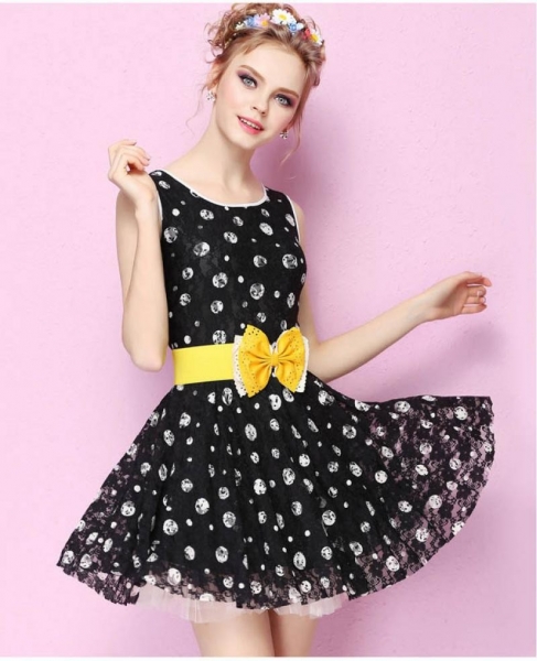 Fashion Dots Printing Sleeveless Lace Dress, 