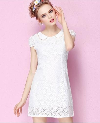 Fashion Slim Pearl Collar Lace Dress, 