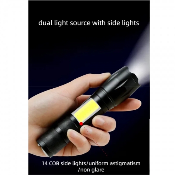 Strong T6 COB LED Handheld Flashlight, 450 lumens, IPX-4 weater resistance, 4 Modes, 强光T6,侧灯COB带笔夹手电筒USB线充电内置电池伸缩C609