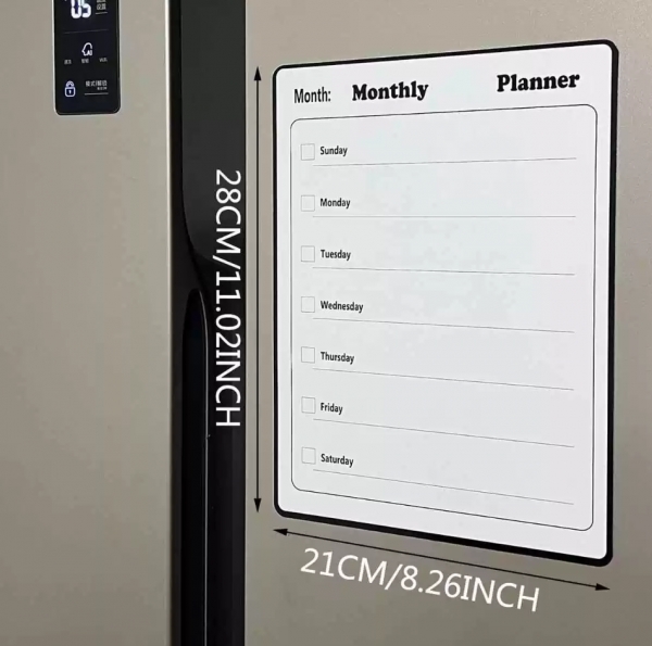 Magnetic Fridge Dry-Erase Monthly Planner - Reusable Calendar, 专为冰箱设计的磁吸式可擦写计划板，帮您简化月度日程安排！强力磁性背胶可牢固吸附在任何金属表面，顺滑的白板表面让您轻松书写、擦除和更新计划。无论是追踪预约、规划餐食、安排家庭日程还是记录待办事项，这款小巧的计划板都能让您的重要日期一目了然，集中管理井井有条。
