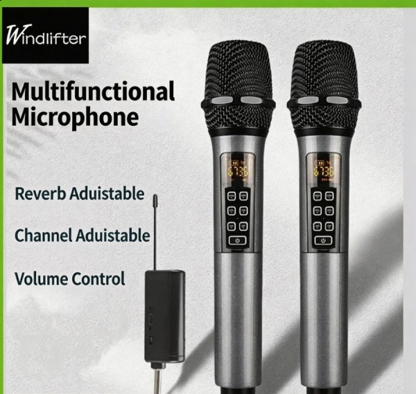 2-in-1 Wireless Mics Microphone Set 2200mAh 15H Runtime Karaoke Speaker Event , 二合一无线麦克风套装，内置2200mAh电池，续航15小时，可调混响与频道，带内置混音器和显示屏——适用于卡拉OK、演讲、活动（2支装）