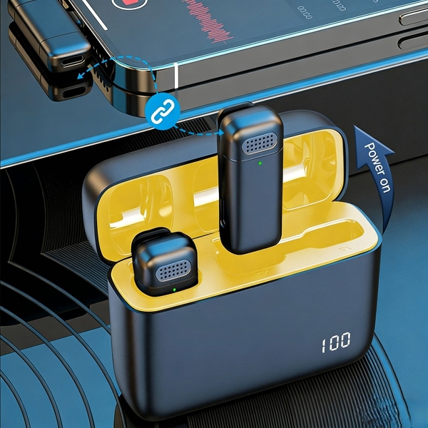 2-in-1 Wireless Lavalier Mic with Charging Case, 二合一无线领夹麦克风（带充电仓）—— 即插即用迷你收音麦，适配苹果 / 安卓手机，支持视频拍摄、直播、油管、TikTok 短视频创作
