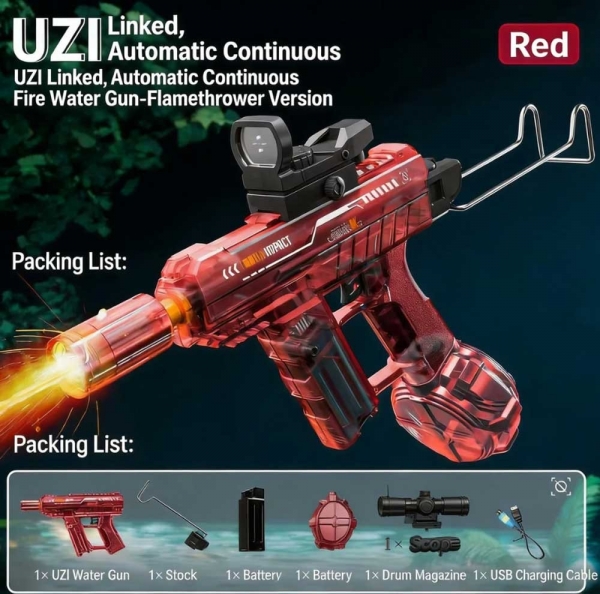 UZI Electric Water Gun, Red/Blue/Black Options, UZI 电动水枪，带火焰喷射效果的自动连发喷水枪，儿童与成人适用的夏日泳池 / 户外玩具，红 / 蓝 / 黑三色可选