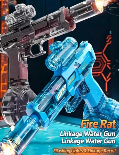 Fire Rat Electric Water Gun, 火鼠电动水枪，带闪光与联动后坐力的自动喷水枪，儿童与成人适用的夏日户外玩具