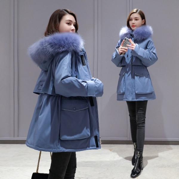 Xiaoxiangfeng women's padded jacket temperament short-aged tooling Parker jacket, 小香风奶蓝色棉服2020年新款女气质短款减龄工装派克加厚棉袄外套